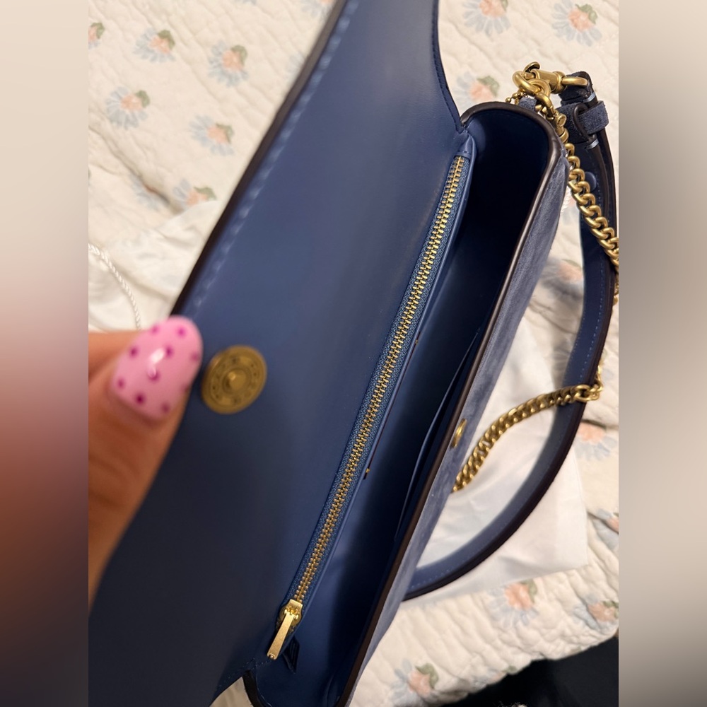 Coach Navy Suede Shoulder Bag with Gold Hardware with dust bag and receipt - Picture 2 of 2